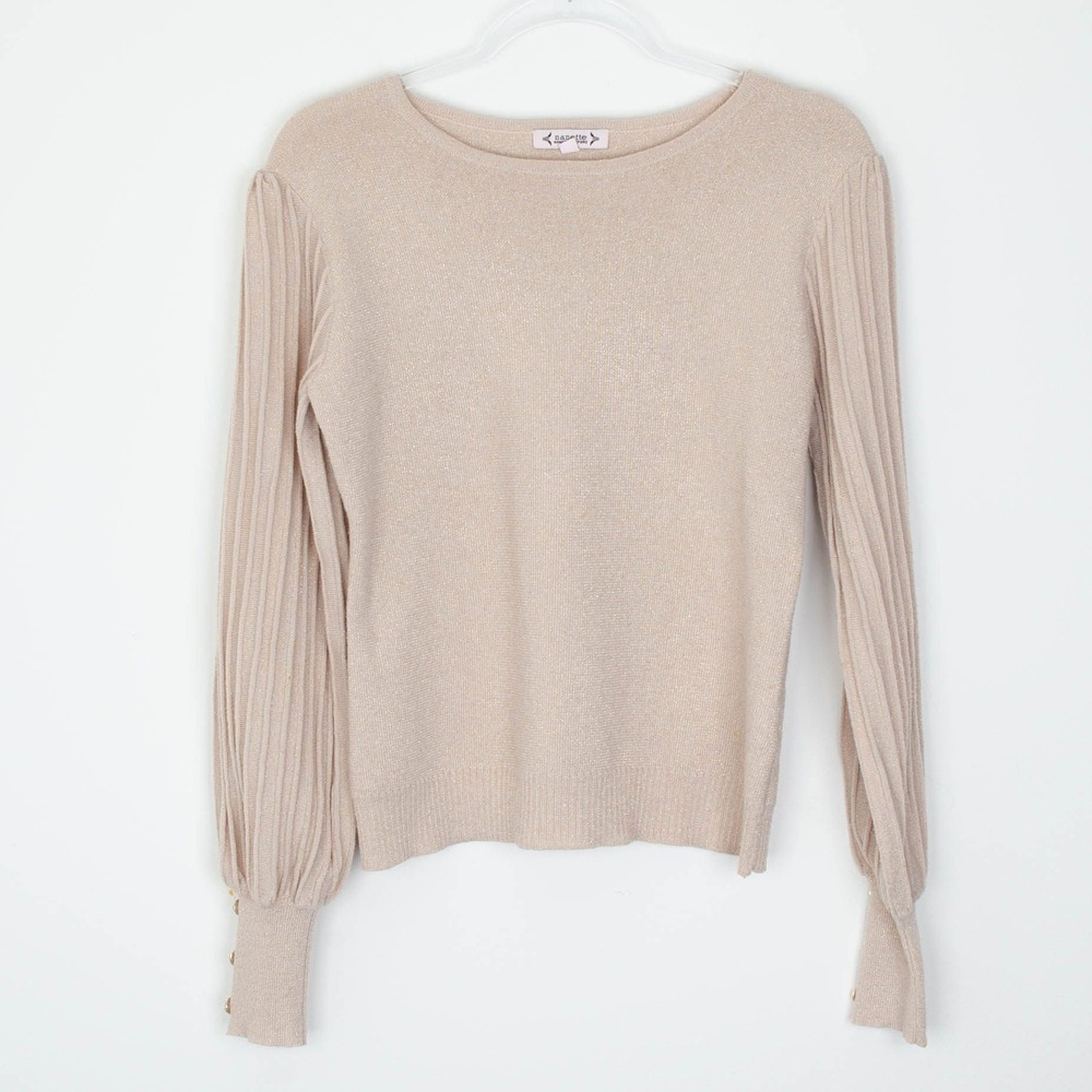 Nanette Lepore Womens Metallic Pleated Balloon Sleeve Sweater Size M Cream Gold